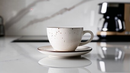Fototapeta premium modern-style photograph featuring a close-up of a white ceramic coffee cup with brown speckles, placed on a matching saucer.