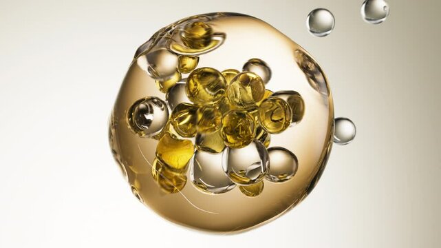 Gold cosmetic serum with liquid bubbles in a 3D abstract background. Hydrating essence gel enriched with collagen molecules. Moisturizing cream or oil for advanced skincare, beauty, and skin health.