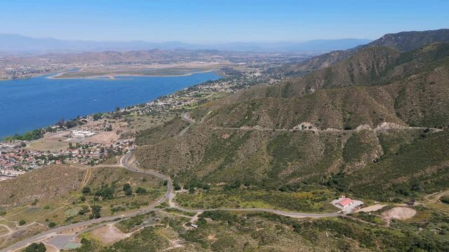 Aerial clip of the Ortega Highway 74 winding it's way through the mountains of Riverside County California USA
