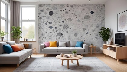Scandinavian living room interior design zoom background,Doodle Galaxy patterned wallpaper graphics
