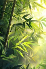 A close-up of bamboo leaves and stalks, with sunlight filtering through the greenery, creating an atmosphere of tranquility and nature's beauty. 