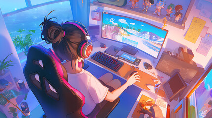 anime gamer girl sitting and playing games on computer