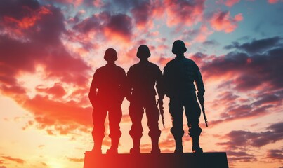 Fototapeta premium Silhouettes of soldiers standing against a colorful sunset sky, symbolizing bravery and service.