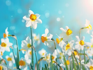 A vibrant scene of nature, featuring daffodils blooming in a field under a clear blue sky with sunshine.