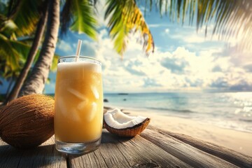 Obraz premium Chilled coconut beverage on a wooden surface with a coconut palm backdrop