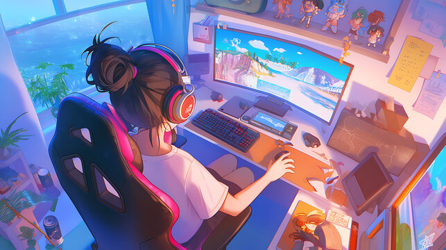 anime gamer girl sitting and playing games on computer