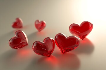 Obraz premium Glowing red hearts scattered against a smooth white background.
