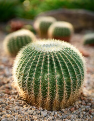 Small green cactus in desert garden, gravel bed, small rocks. Beautiful nature. Succulent plant.