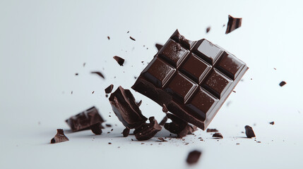 Bar of dark chocolate broken into small pieces fragments flying in the air on a white background