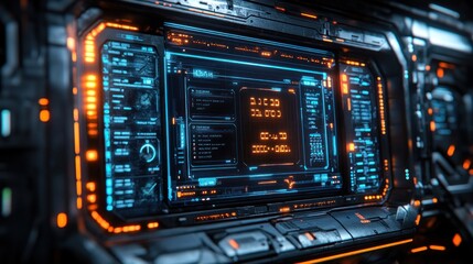 Fototapeta premium Futuristic control panel with glowing interfaces and data displays.