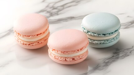Fototapeta premium Close-up of three macarons in pastel pink and blue colors on a marble background, studio shot