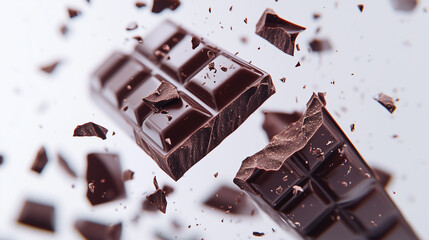 Bar of dark chocolate broken into small pieces fragments flying in the air on a white background