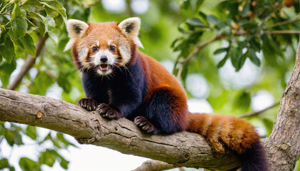 Fototapeta premium A red panda sits on a branch in a tree, looking directly at the camera