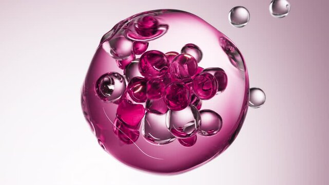 Pink serum with liquid bubbles in a 3D abstract background. Hydrating essence gel with collagen molecules. Moisturizing cream or oil for skincare and beauty.