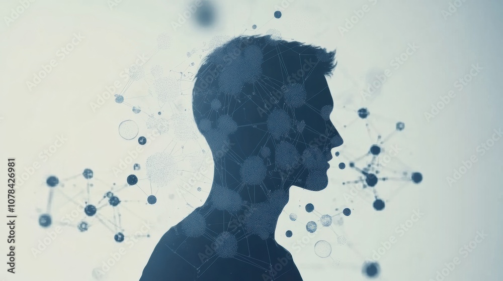 Poster a human silhouette is encircled by intricate molecules and abstract diagrams, illustrating a blend o
