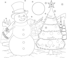 Coloring page for children a snowman in the forest near the Christmas tree