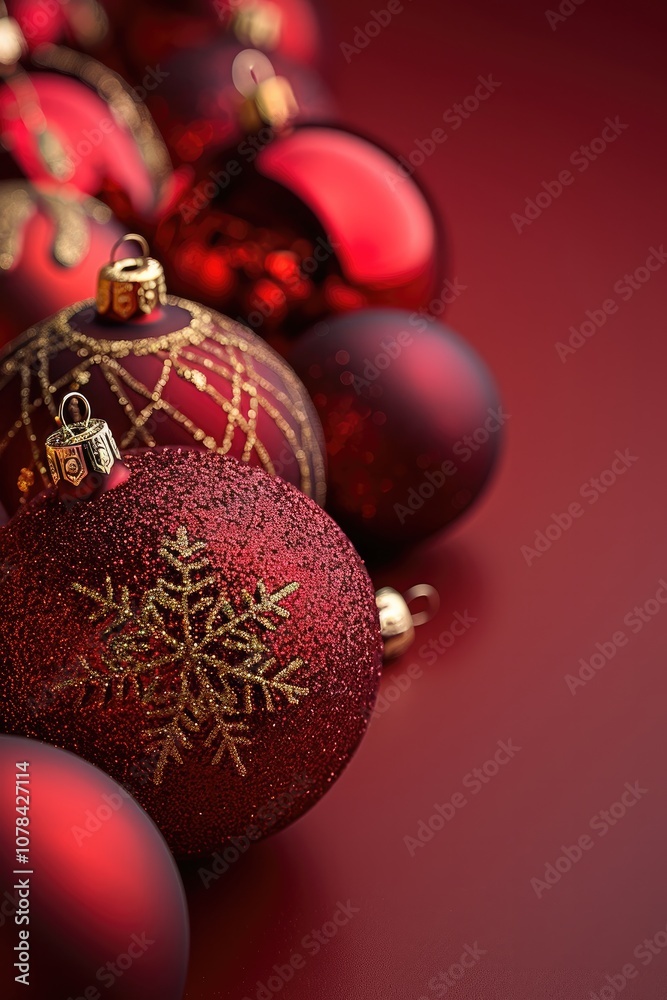 Poster a red background with a copy space is adorned with christmas ornaments. festive christmas.