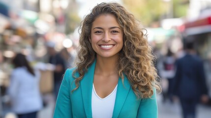 Confident female politician with mixed heritage in urban setting for civic leadership and diversity concepts