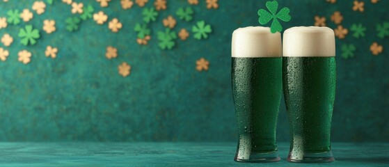 Two glasses of green beer with foam, celebrating St. Patrick's Day, against a festive green background.