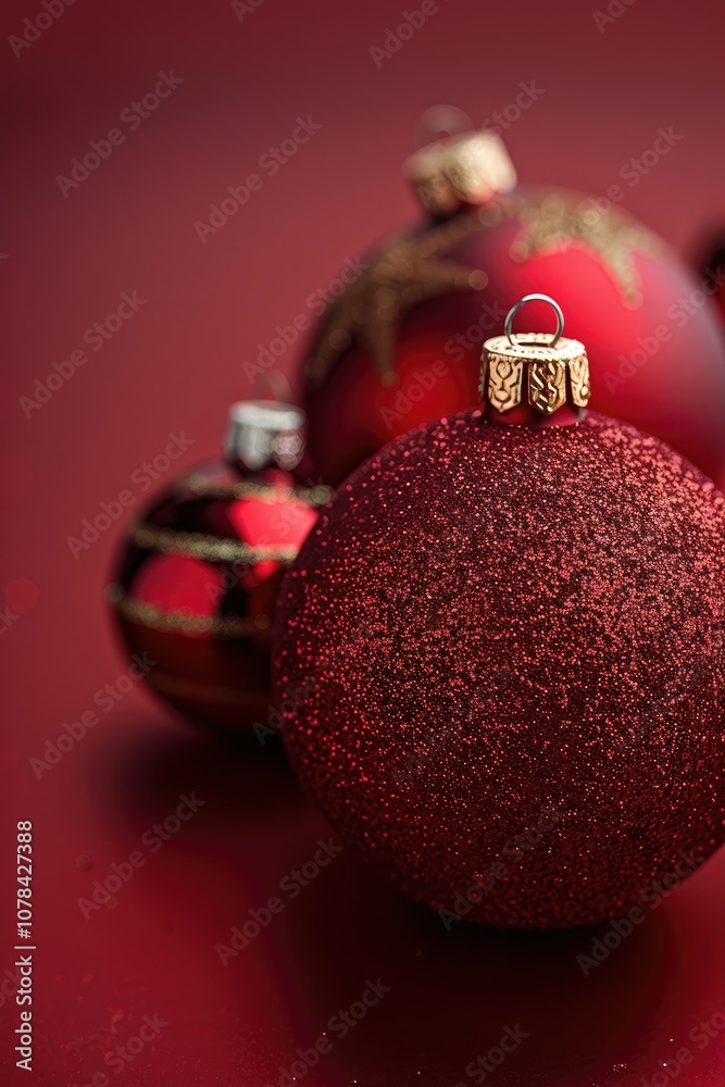 Poster a red background with a copy space is adorned with christmas ornaments. festive christmas.