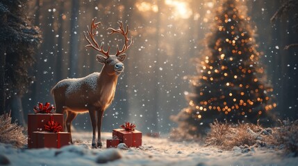 Christmas background with reindeer and Christmas gifts, a forest landscape with snow falling, a Christmas tree in the background