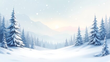 Fototapeta premium Winter Wonderland landscape, frosty pine trees, soft pastel sunrise, gentle snowfall, serene atmosphere
