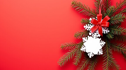 Blank white card, price tag in shape of snowflake with red bow, decorated with pine branches, on red background, free space for Christmas greetings, seasonal sales.