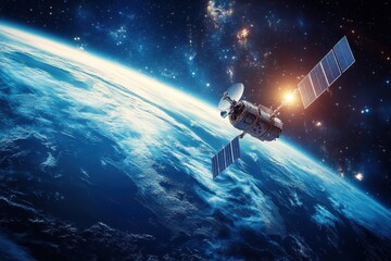 Obraz premium A satellite orbits Earth against the backdrop of the cosmos, showcasing technology in space