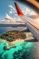Aerial View, Tropical Island Paradise from Airplane Window, Sunset, Ocean, Travel Destination