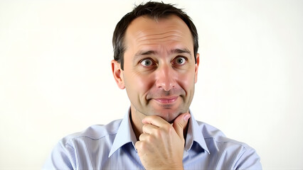 Man thinking thoughtfully, looking slightly skeptical or doubtful