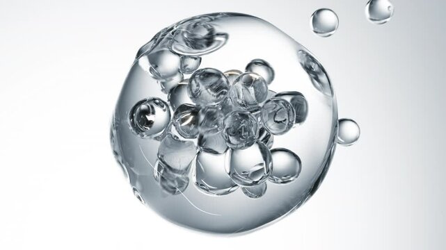 Clear cosmetic serum with liquid bubbles in a 3D abstract background. Hydrating essence gel enriched with collagen molecules. Moisturizing cream or oil for advanced skincare, beauty, and skin health.