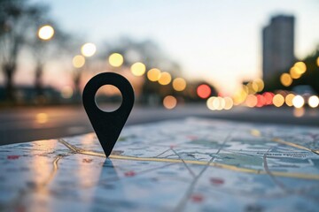 Black Map Pointer Illustration with Bokeh Effect, Perfect for Navigation and Location-Based Services, Ideal for Graphic Design, Marketing, and Digital Platforms in Modern Aesthetics