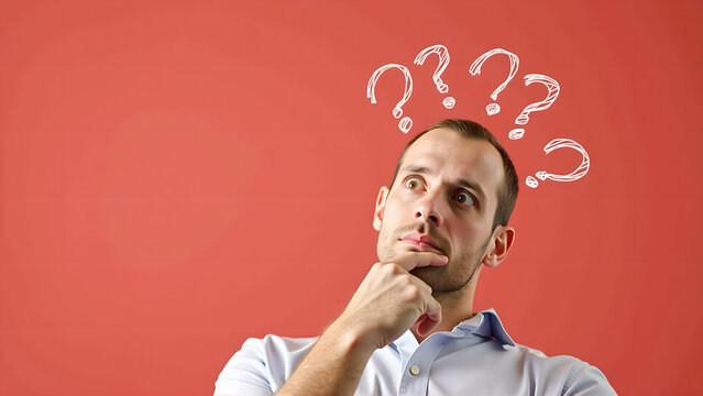 A man pondering with question marks above his head.  Conceptual image of doubt, uncertainty, and confusion.