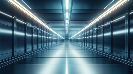 Futuristic Corridor with Metallic Walls and Bright Lights