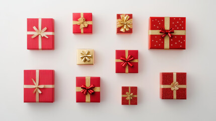 Obraz premium Top view of red and gold wrapped gift boxes with bows arranged in a grid pattern on a white background, perfect for holiday themes