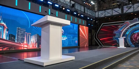 Naklejka premium Blank Podium Against a Futuristic Technology Background for Presentations and Events in Modern Architectural Style
