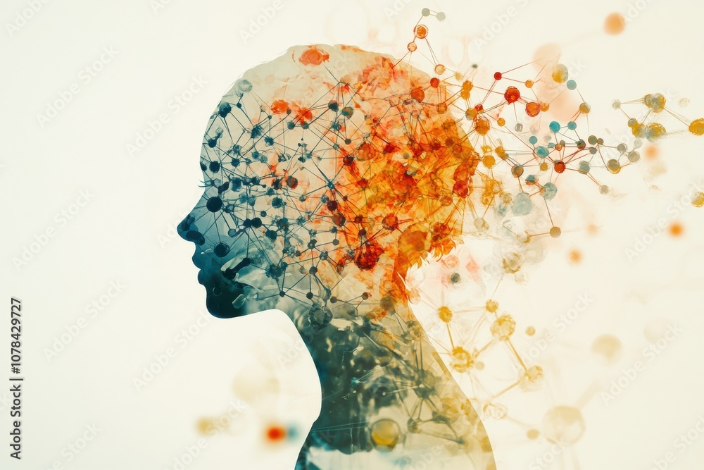 Poster a human silhouette merges with colorful molecular structures and diagrams, symbolizing the fusion of