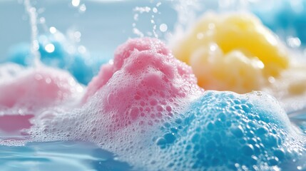 Fototapeta premium Thick detergent bubbles floating over water surface, reflecting vibrant colors. Clean look, natural light enhances the sparkle