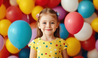 Obraz premium A cheerful young girl stands smiling against a vibrant backdrop of colorful balloons, exuding joy and innocence, perfect for capturing the essence of childhood celebrations.