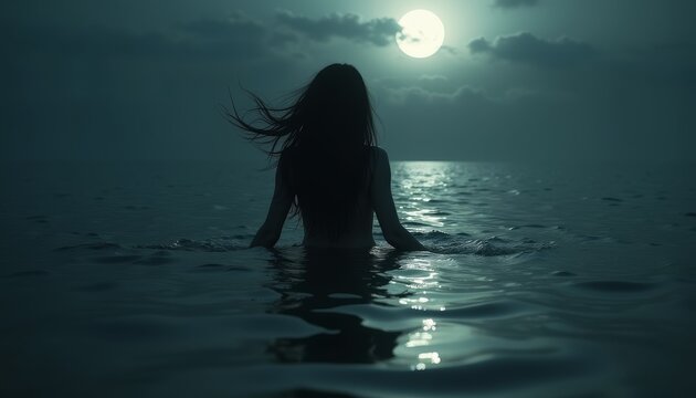 Mysterious siren with long hair wading in moonlit waters, creating an enchanting and atmospheric scene - Powered by Adobe