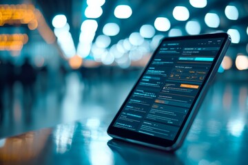 Obraz premium mockup sample showcase for A sleek tablet displaying data sits on a reflective surface, set against a blurred, illuminated background.