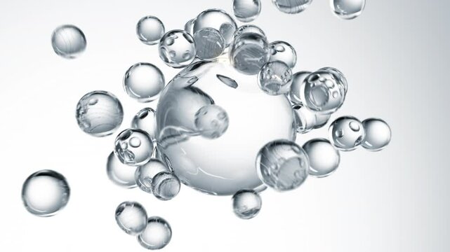 Clear cosmetic serum with liquid bubbles in a 3D abstract background. Hydrating essence gel enriched with collagen molecules. Moisturizing cream or oil for advanced skincare, beauty, and skin health.
