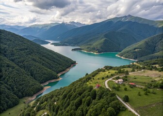 Breathtaking Aerial View of Nariana Lake in Gudamakari, Surrounded by the Majestic Caucasus Mountains and Lush Alpine Landscape in Georgia's Scenic Wilderness