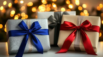 Colorful gift boxes with festive ribbons against a blurry background of holiday lights