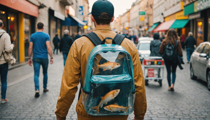 Obraz premium A man walks down a busy city street with a clear backpack containing three fish