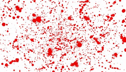 Splashes of red paint on a pristine white surface form a lively and colorful abstract pattern with dynamic movement