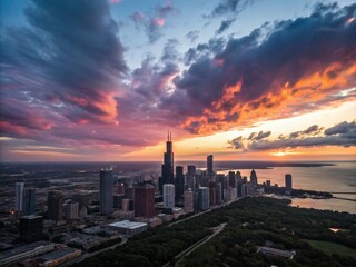 Fototapeta premium Breathtaking City Skyline Silhouetted Against a Vibrant Sunset with Dramatic Colors and Cloud Patterns, Captured in Stunning Drone Photography for Urban Landscape Lovers