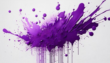 Dynamic and abstract visual created by vivid purple paint splashing and dripping on a white background