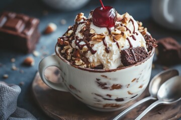 Detailed view of a big dessert bowl containing tasty items like vanilla ice cream cream nuts brownie bits a cherry and two spoons