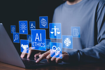 AI Ethics and Governance in Artificial Intelligence. A person working on laptop with icons representing ethics, law, and governance in AI, importance of responsible AI usage, ethical decision-making,